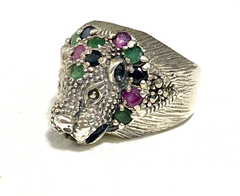 Large 925 silver panther ring with emeralds, sapphires, natural rubies on internet