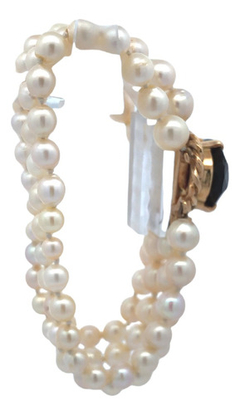 Large 18 kt gold and garnet natural pearl cuff bracelet - Joyería Alvear