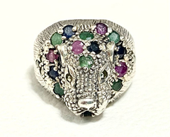 Large 925 silver panther ring with emeralds, sapphires, natural rubies - Joyería Alvear