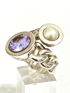 Exceptional Italian lady ring, 925 silver, pearl and amethyst - buy online