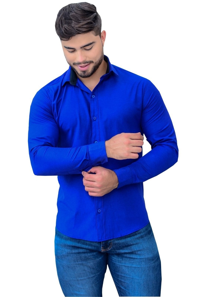 Camisa Social Masculina Slim Azul Royal - MirehLider