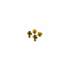 Aretes Broquel Cruces Mini con Zirconias de Colores Oro 10K - comprar en línea