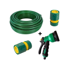 Manguera Trenzada Alta Resistencia 1/2" X 25 Mts + Pistola de Riego 8 Funciones + Acople de 1/2" + Acople de 3/4" ( COMBO 4 )