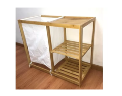 Mueble Organizador Cesto De Ropa Tela Con 3 Estantes De Bambu