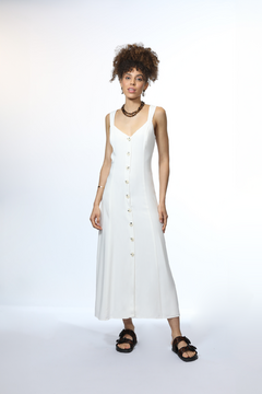 Vestido Midi Com Botões Visco Linho - Off-White