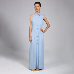 Vestido Longo Com Gola e Botões Celeste - Azul