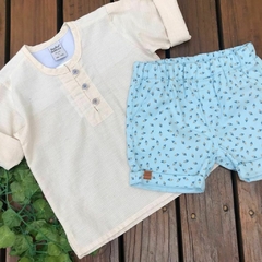 Conjunto masculino infantil tecido sarja camisa de botão bege com short azul triângulos-sonho mágico-ref-191641