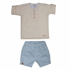 Conjunto masculino infantil tecido sarja camisa de botão bege com short azul triângulos-sonho mágico-ref-191641