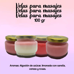 Vela para masajes 100 gr | Aromas: Algodón de azúcar, Limonada con sandía, Cereza, Champagne con fresas, Cheescake de fambruesa, Durazno y Cappuccino