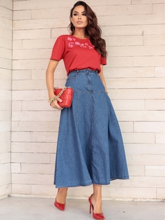 Saia Jeans Midi com Recortes