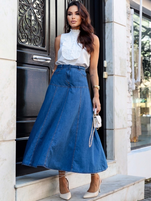 Saia Jeans Midi com Recortes - comprar online