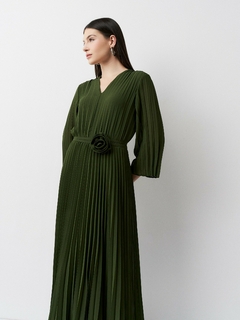 Vestido Silk Touch Plissado Cinto Flor Verde - loja online