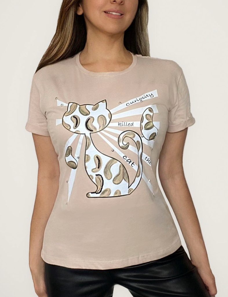 Blusa Feminina T-Shirt Cat - Único - cinza - Nude