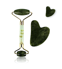 RODILLO FACIAL JADE DOBLE ACCIÓN + PIEDRA GUA SHA (PACK 2U) CUARZO DE FLORES