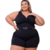 Macaquinho plus size preto com detalhes em metais, modelo confortável e estiloso.