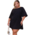 Vestido feminino plus size preto com detalhe nas costas, modelo soltinho e mangas largas.