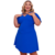 Vestido feminino azul plus size com detalhes no peito e nas mangas, modelo leve e elegante.