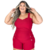 Macaquinho feminino plus size vermelho com alças, modelo justo e detalhes em botão.