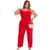 Macaquinho feminino plus size longo vermelho, com detalhe de laço na cintura.