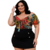  conjunto de short saia preto e blusa estampada colorida, ideal para moda plus size.