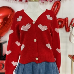 Sueter estilo cardigan de corazones con perlas - AQUA Boutique