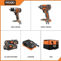 RIDGID 18V Cordless 2-Tool Combo Kit with 1/2 in. Drill/Driver, 1/4 in. Impact Driver, (2) 2.0 Ah Batteries, Cargador y Bolso