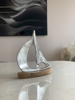 Escultura Wood - Barco Sailing - Prata