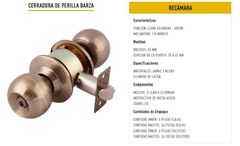 CERRADURA PERILLA BARZA CILINDRICA C/LLAVE LB 6603 - comprar en línea