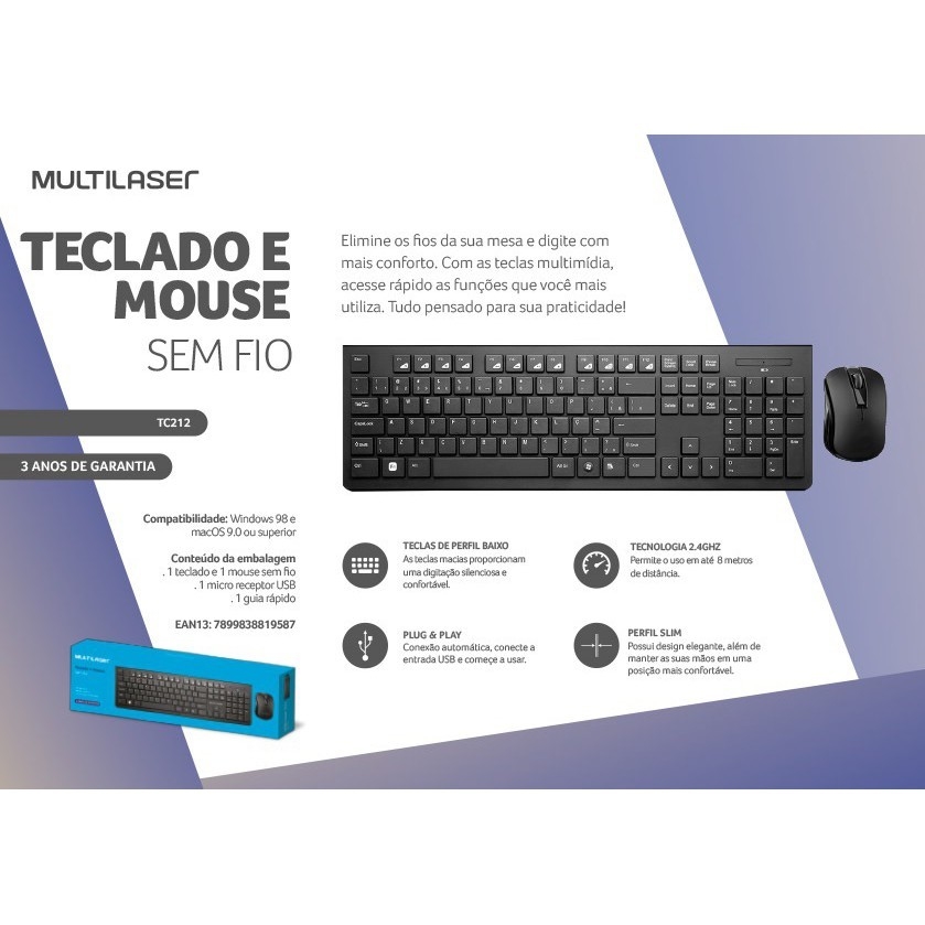 Combo Teclado e Mouse Sem Fio Multimídia USB Preto Multi - TC212