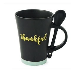 Caneca de Cerâmica com Colher Thankful Preto Matt Azul - comprar online