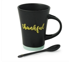 Caneca de Cerâmica com Colher Thankful Preto Matt Azul