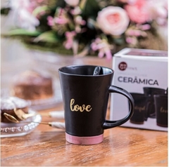 Caneca Cerâmica Com Colher Preto Matte Rosa