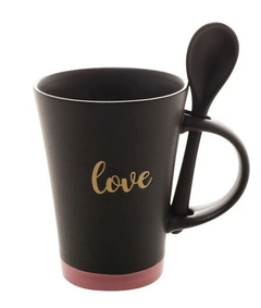 Caneca Cerâmica Com Colher Preto Matte Rosa - Ribas Papelaria e Presentes