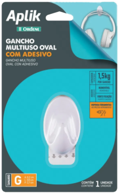 Gancho Adesivo Plástico Oval Grande Branco Aplik Ordene 1 Peça