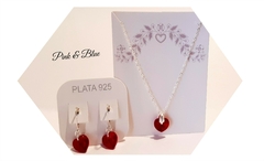 Conjunto Plata 925 - Cadena + Aros + Dije de Cristal Swarovski Rojo