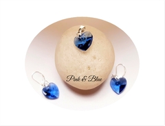 Kit Conjunto Plata 925 Aros + Dije Corazón Cristal Swarovski Azul