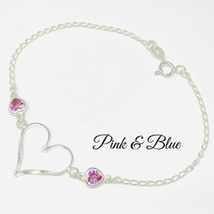 Pulsera Con Dije Corazón Y Dos Cubic Rosa - 18cm - Plata 925