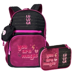 Kit Mochila de Costas e Estojo Oficial LULUCA Preto com Rosa