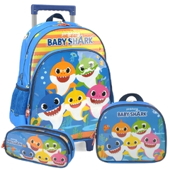 Kit Mochila Rodinhas Lancheira e Estojo BABY SHARK FAMILY