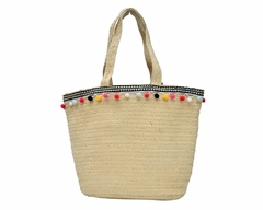 Bolsa em Palha com Pompons Tote Bag Pagani PG6926 Bege