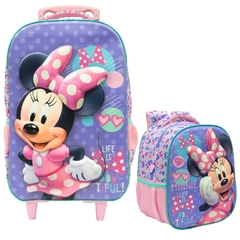 Kit Mochila Rodinhas e Lancheira G Minnie Disney 3D Lilás