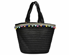 Bolsa em Palha com Pompons Tote Bag Pagani PG6926 Preto