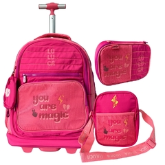 Kit Mochila de Rodinhas em Nylon OFICIAL LULUCA LU2460 Rosa