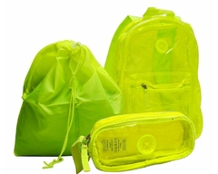 KIT MOCHILA NEON TRANSPARENTE COM BOLSA REMOV E ESTOJO VERDE