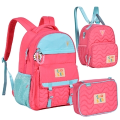 Kit Mochila de Costas em Nylon OFICIAL LULUCA LU24074 Rosa