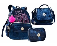 KIT MOCHILA JEANS REBECCA BONBON RB3164 AZUL ESCURA LANCHEIRA E ESTOJO BOX