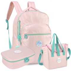 Kit Mochila Costas Lancheira Estojo BARBIE Metalizada Rosa