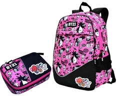 KIT MOCHILA COSTAS OFICIAL BT21 COM ESTOJO BOX ROSA BT4008