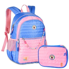 Kit Mochila de Costas e Estojo Oficial LULUCA Azul com Rosa