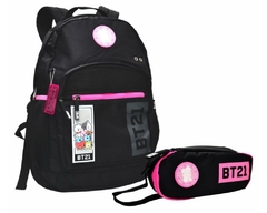 KIT MOCHILA DE COSTAS E ESTOJO EM NYLON PRETO BT21 OFICIAL